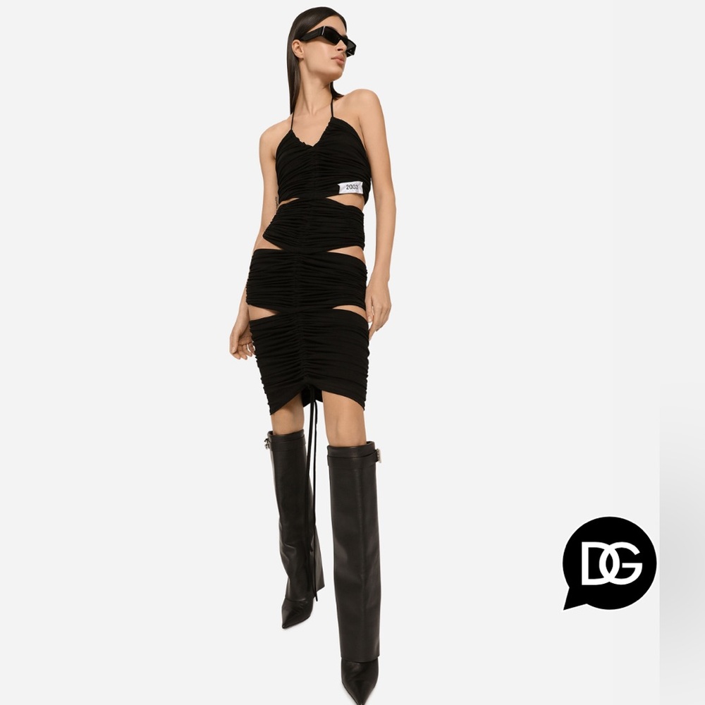 Dolce and Gabbana Black Calf-length double jersey cut-out dress with draping